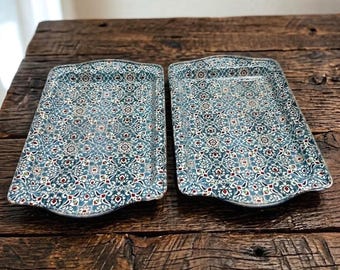 Set of 2 Small Blue Turkish Trays - Decorative Metal Tray