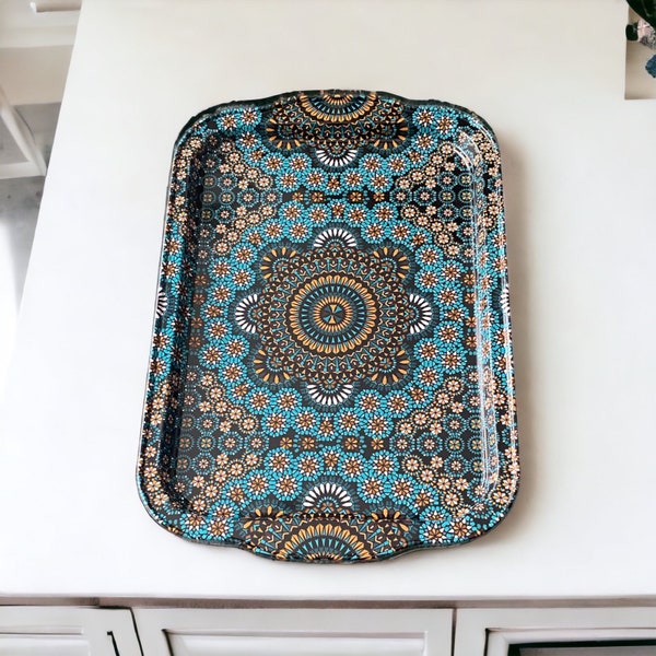 Decorative Metal Tray,  12.25" x 8.5", Mediterranean, Moroccan Persian Coffee / Tea Tray, Perfect for Housewarming or Christmas Gifts
