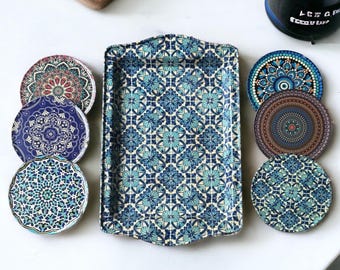 Metal Turkish Tray and Coaster Set, Decorative Serving Set