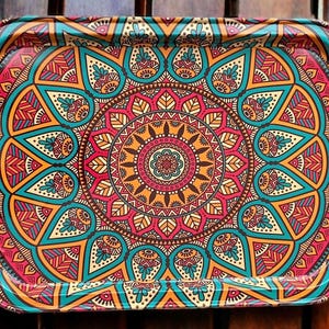 Mandala Red Metal Tray,  12.25&quot; x 8.5&quot; Decorative Coffee / Tea Serving Tray, Perfect for Housewarming or Christmas Gifts