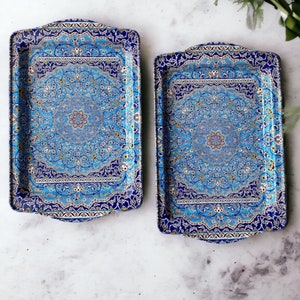 Set of 2 Turkish Metal Trays, Mediterranean, Moroccan Persian 9.84" x 6.3" Coffee / Tea Tray, Perfect for Housewarming or Christmas Gifts