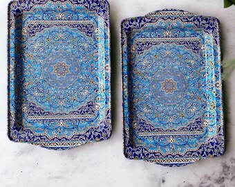 Set of 2 Turkish Metal Trays, Mediterranean, Moroccan Persian 9.84" x 6.3" Coffee / Tea Tray, Perfect for Housewarming or Christmas Gifts