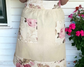 Floral Linen Apron with Practical Pockets, Flower Waiste Apron, Handmade- Perfect for Cooking and Baking