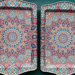 Set of 2 Turkish Metal Trays, Mediterranean, Moroccan Persian 9.84&quot; x 6.3&quot; Coffee / Tea Tray, Perfect for Housewarming or Christmas Gifts