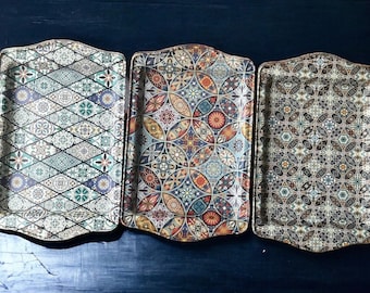Set of 3 Turkish Metal Trays: Decorative Persian Coffee Tea Serving Trays