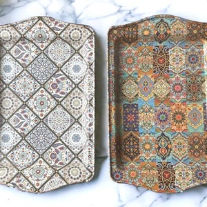 Set of 2 Turkish Metal Trays, Mediterranean, Moroccan Persian 9.84&quot; x 6.3&quot; Coffee / Tea Tray, Perfect for Housewarming or Christmas Gifts