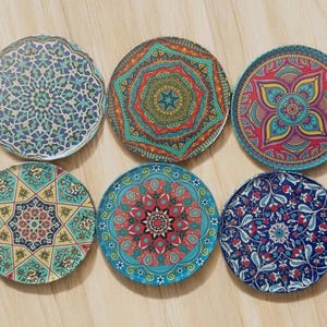 Drink Coasters Set Of 6 Turkish Moroccan Design Round Coaster Tea Coffee Cup Mat - Housewarming Gift, Lot #12