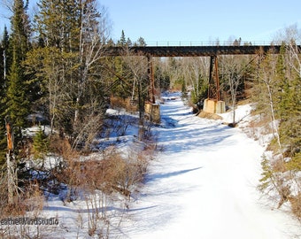 Michigan Railroad Bridge Photography | Winter Scenery | Train Tracks Wall Art | Railway | Engineer Gift | Scenic River View | Man Cave Print
