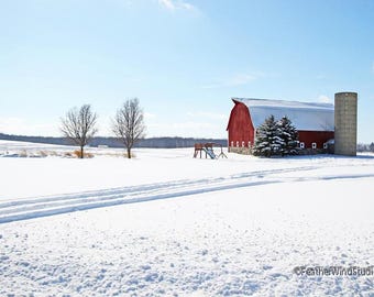 Puede incluir: Un granero rojo con techo blanco y un silo se encuentra en un campo nevado. Dos árboles desnudos están en primer plano y el cielo es azul.