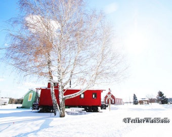 Red Caboose Photo | Train Wall Art | Winter Landscape Pic | Railroad Employee Gift | Man Cave Decor | FeatherWindStudio | Engineer Art Print