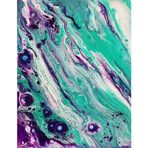 Original Fluid Art Acrylic Painting in Purple, Aqua and White, Acrylic pouring technique, High Quality Prints - 8&quot; × 10&quot;