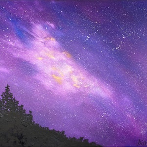 Original oil painting of fantasy landscape of stars and space with trees silhouette, Fantasy celestial art - 18&quot; × 24&quot;