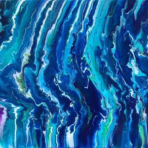 Original fluid painting acrylic pour on canvas, abstract art in green, blue, and lilac, Acrylic pouring technique - 12&quot; × 16&quot;