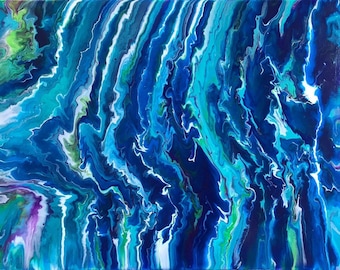 Original flüssiges Gemälde Acrylfarben auf Leinwand, abstrakte Kunst in Grün, Blau und Lila, Acrylpouring Technik - 30cm × 40cm