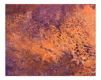 Fluid art acrylic painting in purple and orange, abstract art on Canvas for home or office decor, 0.75" thick traditional canvas - 16" × 20"