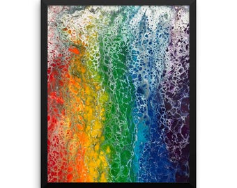 May include: Abstract painting with a rainbow color scheme. The colors are red, orange, yellow, green, blue, and purple. The paint has a textured, bubbly appearance.