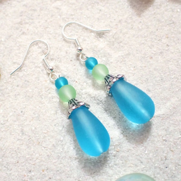 Sea glass earrings, Blue and green sea glass, Sea glass jewelry, Silver sea glass earrings, sterling silver earrings, blue sea glass