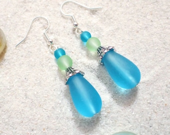 Sea glass earrings, Blue and green sea glass, Sea glass jewelry, Silver sea glass earrings, sterling silver earrings, blue sea glass