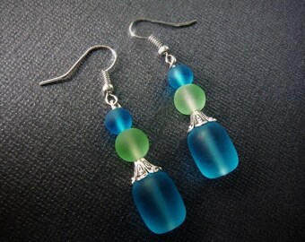 Glacier Seafoam Blue Sea Glass Sterling Silver Dangle Earrings 10k Gold Flowers and Silver Leaves Mixed Metals