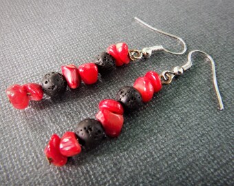 Golden starfishes long earrings with red coral and lava stone black beads
