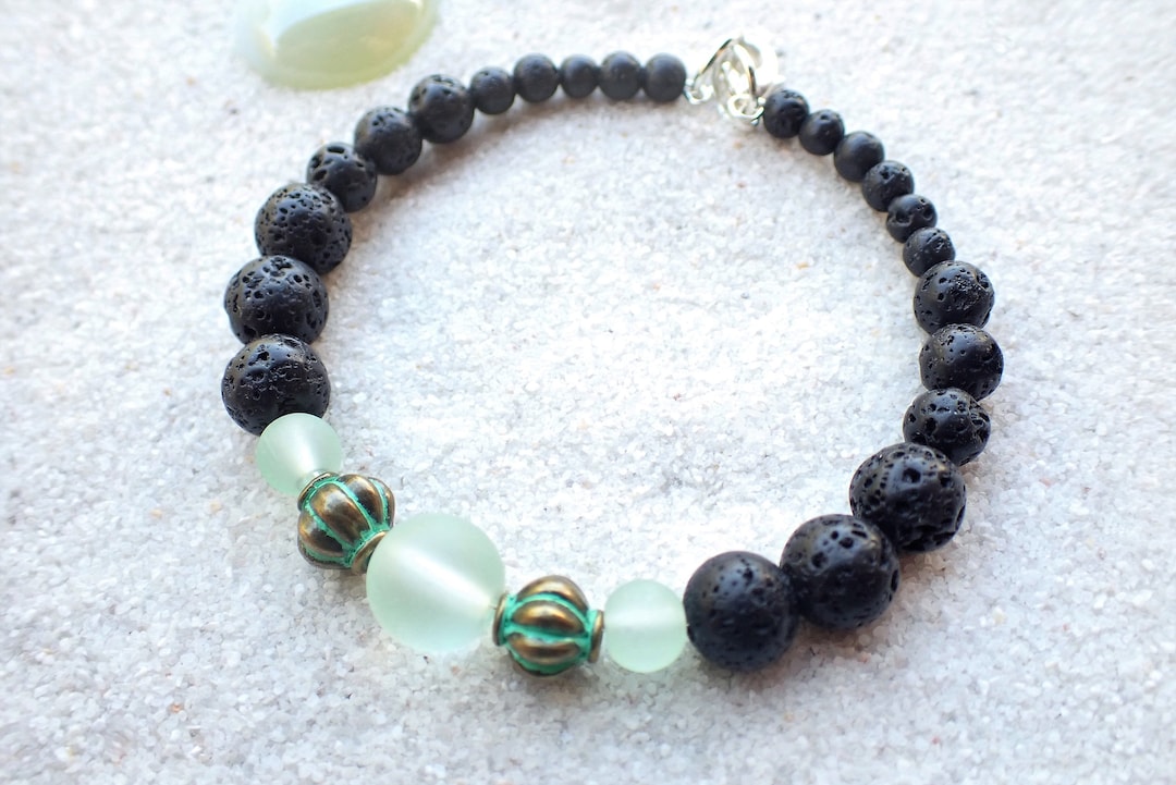 Green Sea Glass Lava Stone Beaded Bracelet, Beach Bracelet, Seaglass  Jewelry, Green and Black Bracelet - Etsy