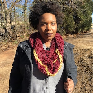 Maroon & Gold Infinity Scarf Knit (Cowl) for fans of the Cavaliers, ASU, BC, FSU, U of Minnesota, Washington Football Team, Arizona Coyotes