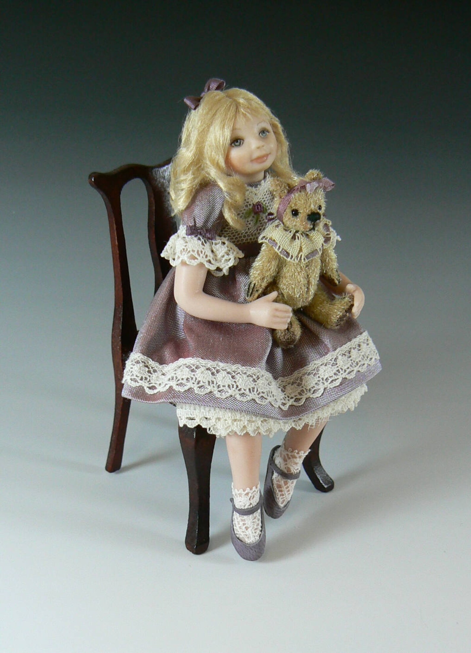 112 Scale Dollhouse Little Girl Doll With Teddy Bear Etsy