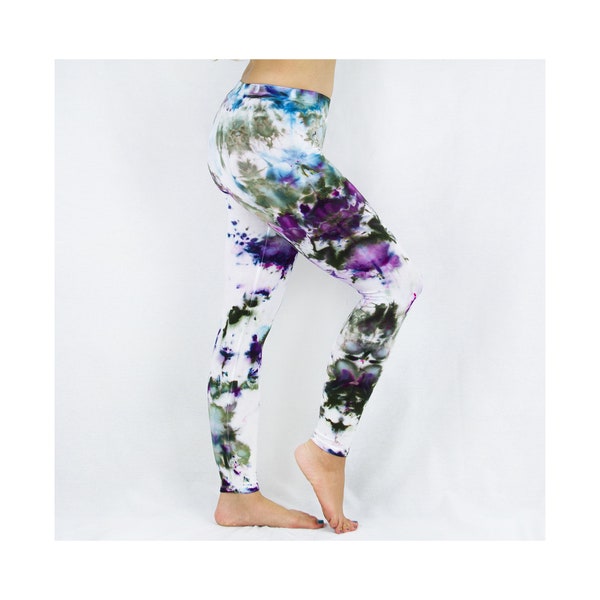 Amethyst Ice Dye Leggings | Tie Dye Yoga Leggings | Sustainable Cotton Hand-Dyed Clothing by Akasha Sun | White + Purple Pants | Size XS