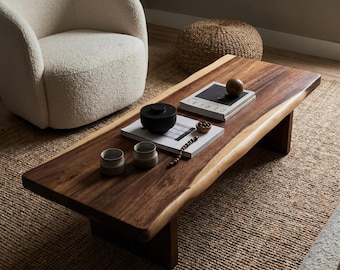 Live Edge Impression Cut Coffee Table - 20x50x12”H South American Walnut Wood Bench - Living Room Furniture - Rustic Coffee Table