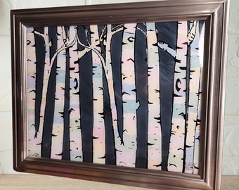 8x10 framed aspen birch tree painting art in silver frame