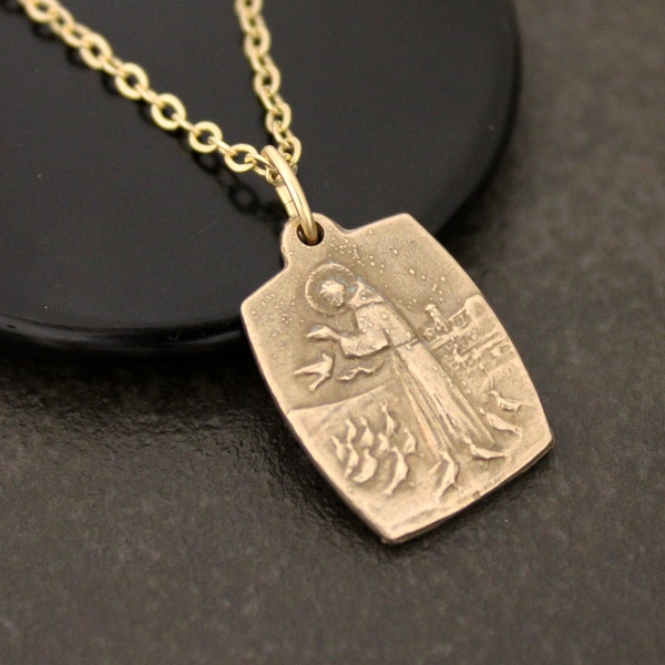 Saint Francis Medal with 14k Gold Plated Chain, Medal Necklace, Saints Medal Necklace, Gold Chain, Vintage Style Necklace