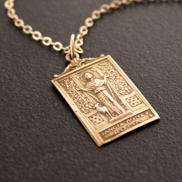 Saint Agnes Medal with 14k Gold plated Chain, Religious Necklace, Saint Necklace, Gold Chain