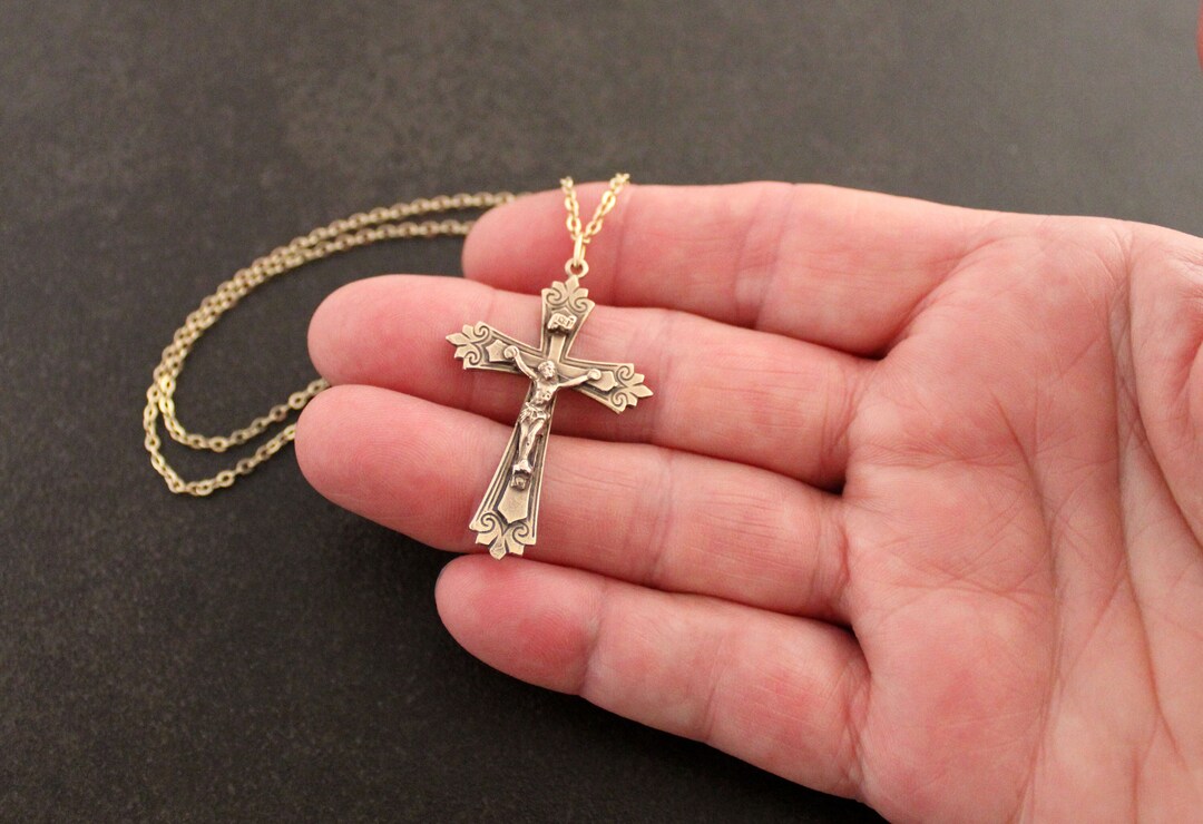 Crucifix With 14k Gold Plated Chain, Crucifix Necklace, Religious