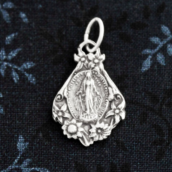 Silver Miraculous Medal WITH CHAIN, Teardrop Style Medal with Stainless Steel Chain Included