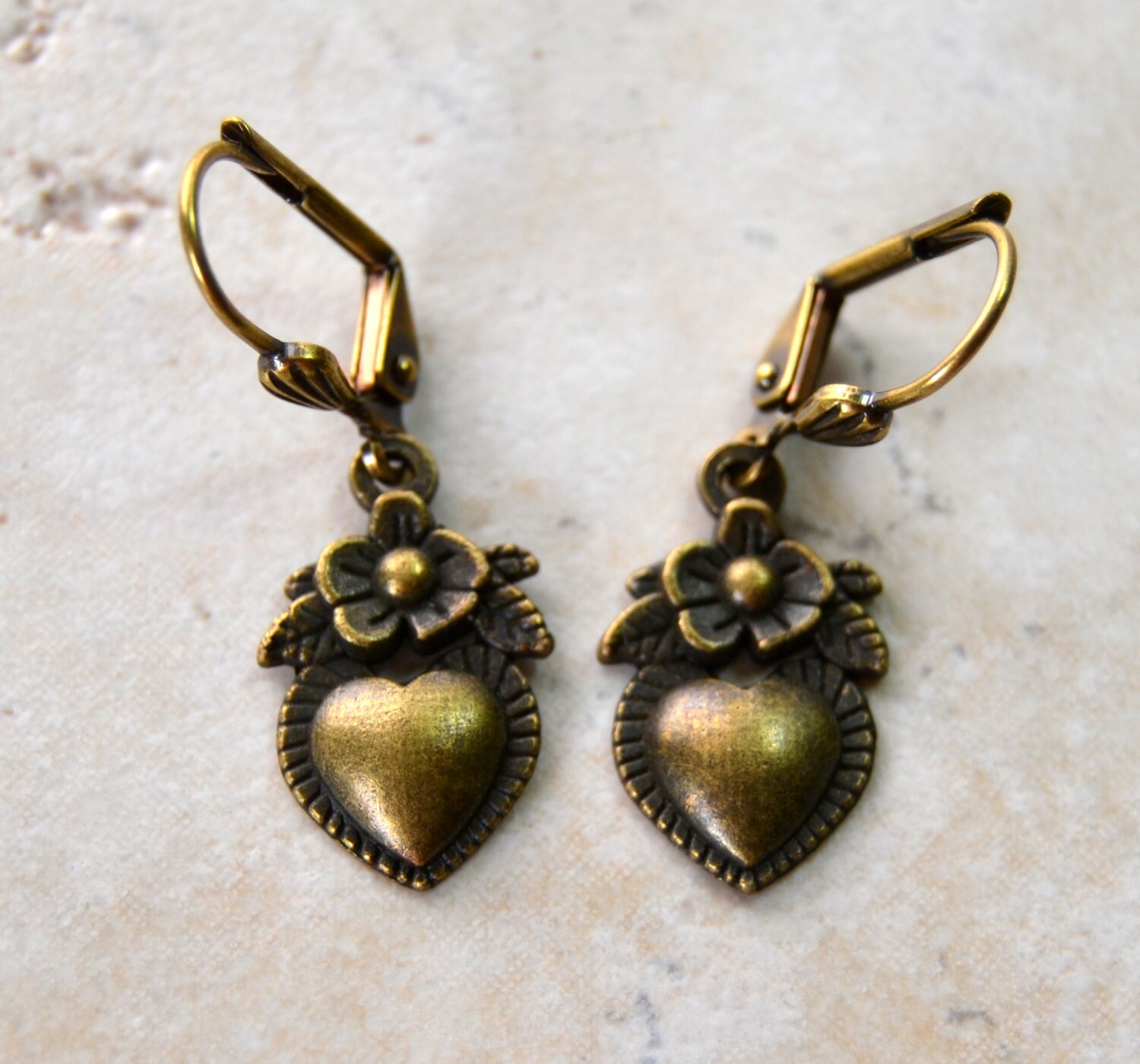 Victorian Heart Earrings Vintage Drop Earrings Leverback Etsy