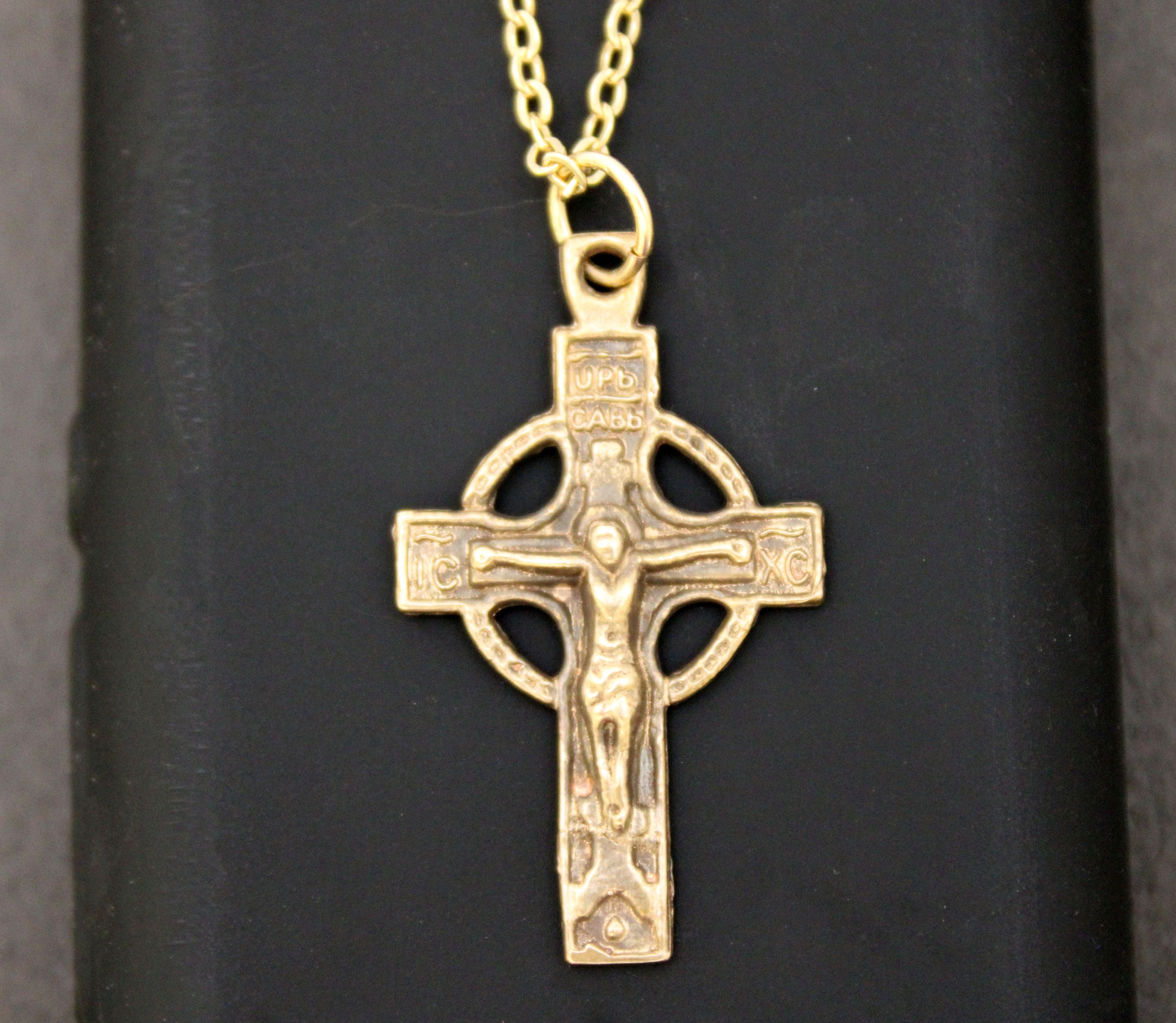 Antiqued Gold Trinity Crucifix Pendant and Necklace Antique -  Portugal