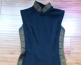 Elegant Alfred Shaheen Greek Key Black Column Sheath Dress Side Slit Back Zip Gold Mandarin Collar with Hook/Eye Excellent Vintage Condition