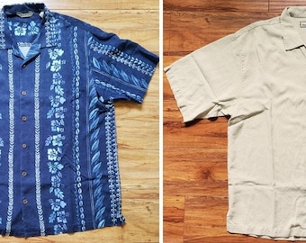 LOT of 2 Tommy Bahama Silk Size L Solid Sand Beige & Blue Print SS Aloha Coconut Shell Buttons Very Good to Excellent Condition