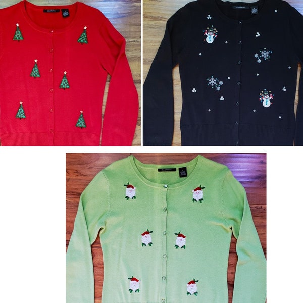 Christmas Sweater Cardigan FREE Ship Eligible ~ Santa Holly Snowman Candy Cane Christmas Tree Star Snowflake Festive Red Green Size Small