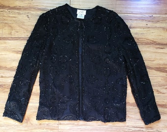 J.M.C. Black Silk Sequin Beaded Party Jacket Topper SIZE Petite Medium Excellent Vintage Condition Open Front Hook/eye at Neck