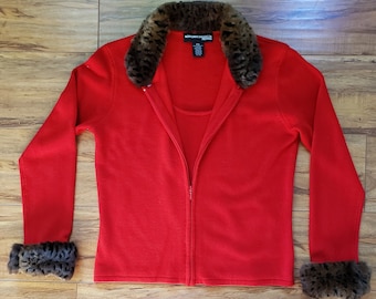 Red Faux Fur Layered Sweater Zip Front Cardigan SIZE Petite Small Fur Collar & Cuffs are Removable ~ Cardigan with Attached Shell Layer