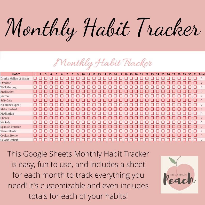 Minimalist Monthly Habit Tracker Google Sheets Digital | Etsy