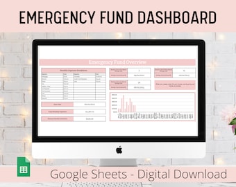 May include: A computer screen displaying a Google Sheets spreadsheet titled "Emergency Fund Dashboard". The spreadsheet includes a section for monthly expenses, a section for emergency fund overview, and a bar graph showing savings progress.