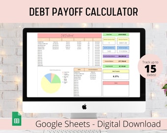 May include: A computer screen displaying a Google Sheets spreadsheet titled "Debt Payoff Calculator". The spreadsheet includes a pie chart, a table with columns for debt name, original balance, minimum payment, interest rate, and a section for tracking debt progress. The spreadsheet is designed to help users track and manage their debt.