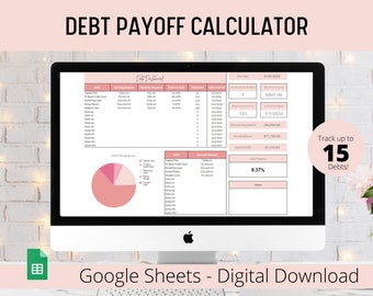 May include: A computer screen displaying a Google Sheets spreadsheet titled "Debt Payoff Calculator". The spreadsheet includes a debt breakdown chart, a debt list, and a debt payoff tracker. The spreadsheet is designed to help users track and manage their debt.