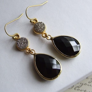 Black Silver Round Druzy Earrings, Druzy Jewelry, Dangle Drop Earrings, Modern Crystal Earrings, Gift for Her, UNDER 30