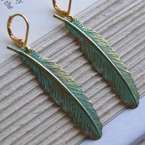 Feather Earrings Patina Earrings Tribal Earrings Bohemian Style Gold Feather Earrings Gift for Her