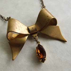 Large Bow Brass Necklace, Bow Necklace Vintage Style Pendant, Smoky Topaz Rhinestone Necklace