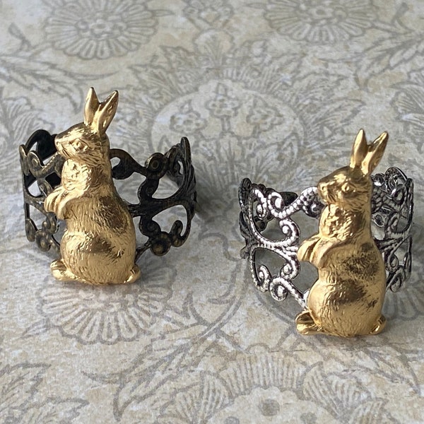 Rabbit Ring- Adjustable Ring- Antique Silver Ring- Antique Brass Ring- Vintage Style Ring- Victorian Ring