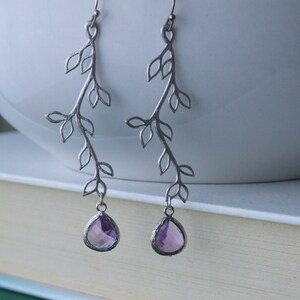 Silver Amethyst Earrings, Silver Branches, Silver Modern Earrings, Crystal Earrings, Dangle Earrings, Spring Wedding, Drop Earrings